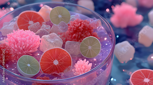 Fototapeta Naklejka Na Ścianę i Meble -  Abstract glowing smoothie bowl with floating neon fruits and holographic elements, digital health food and modern nutrition art generated AI