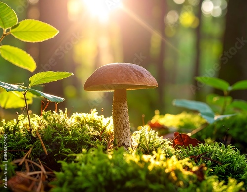 Wallpaper Mural Close-up of a lone mushroom illuminated by golden sunlight in a forest Torontodigital.ca
