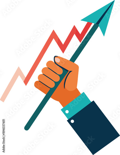 Hand holding green arrow with rising graph trend isolated on white background