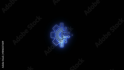 Blue glowing gear with circuit board and bright blue illumination on dark Generate title without using the word 