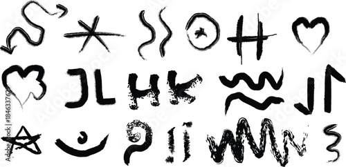 Silhouette of various abstract symbols and shapes in black on white background silhouette