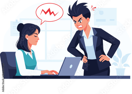 Angry Female Manager Yelling at Stressed Employee in Office Workplace Conflict and Poor Management Vector Illustration of Job Stress