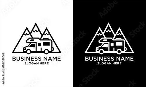 Minimalist RV and Mountain Logo Design for Outdoor Adventure Business.