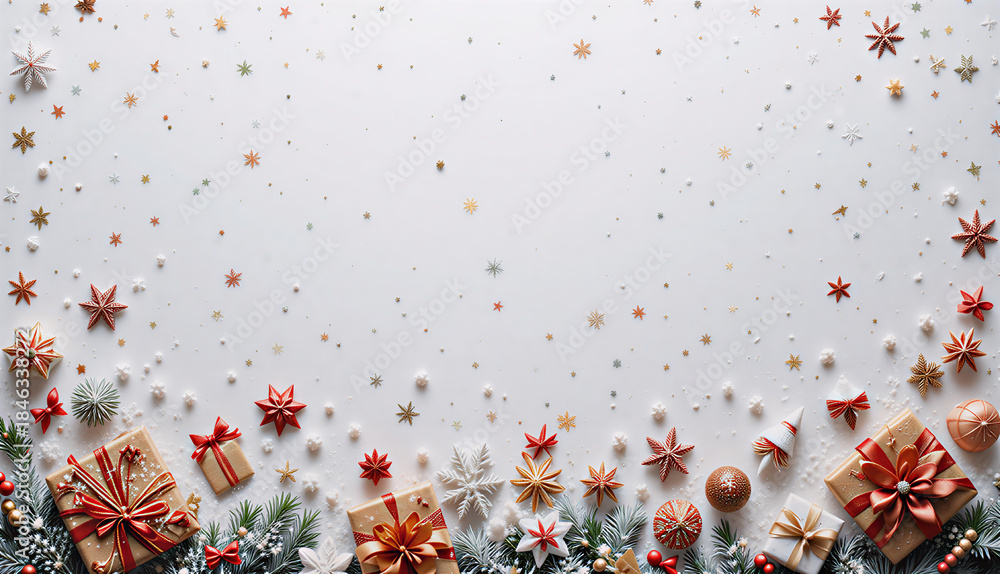 Fototapeta premium Eleganckie, zimowe białe tło świąteczne z miejscem na tekst - kompozycja z bombkami i prezentami