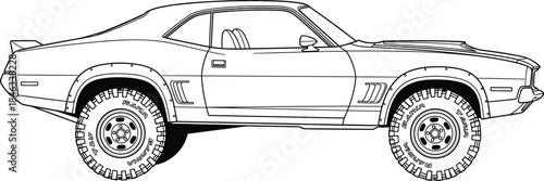 Detailed side view classic muscle car illustration with off road tires, lifted suspension, and vintage automotive line art vector