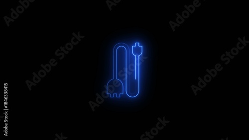 Photos Blue neon glowing electric plug and battery with power lines on a dark Generate title without using the word Title: before it