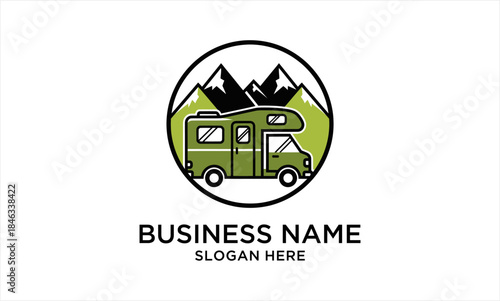 Recreational Vehicle Camper Van Mountain Adventure Logo Design.