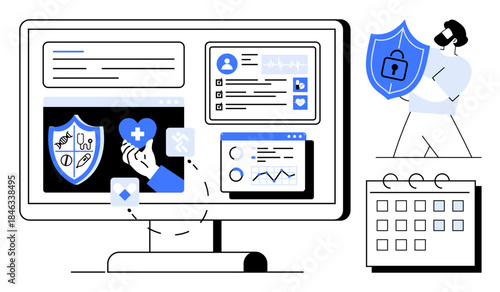 Desktop displaying medical data, encryption security symbols, shield, calendar. Ideal for healthcare, cybersecurity, data protection, digital tools, secure communication analysis simple flat