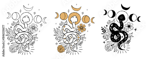 Mystical Snake with Moon Phase and Flowers Plants Set. Isolated Outline Black Textured Hand Drawings Doodle. Kundalini for design, symbolizing magic and transformation. Vector Illustration. Not AI