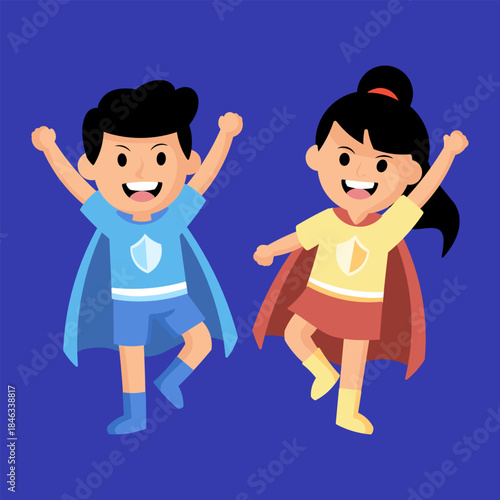 Pair of child superhero characters posing in capes and costumes, symbolizing health and wellness protection against viruses and diseases.