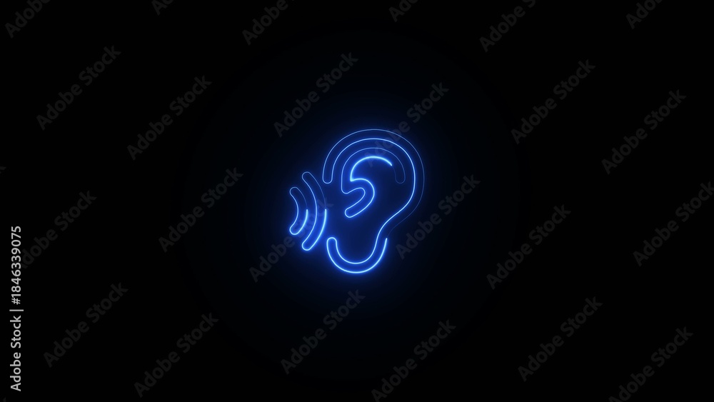 Fototapeta premium Blue neon line of an ear with sound waves on a dark Generate title without using the word 