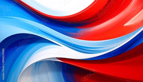Abstract flowing waves of red, white, and blue paint create a dynamic and vibrant, curved backdrop