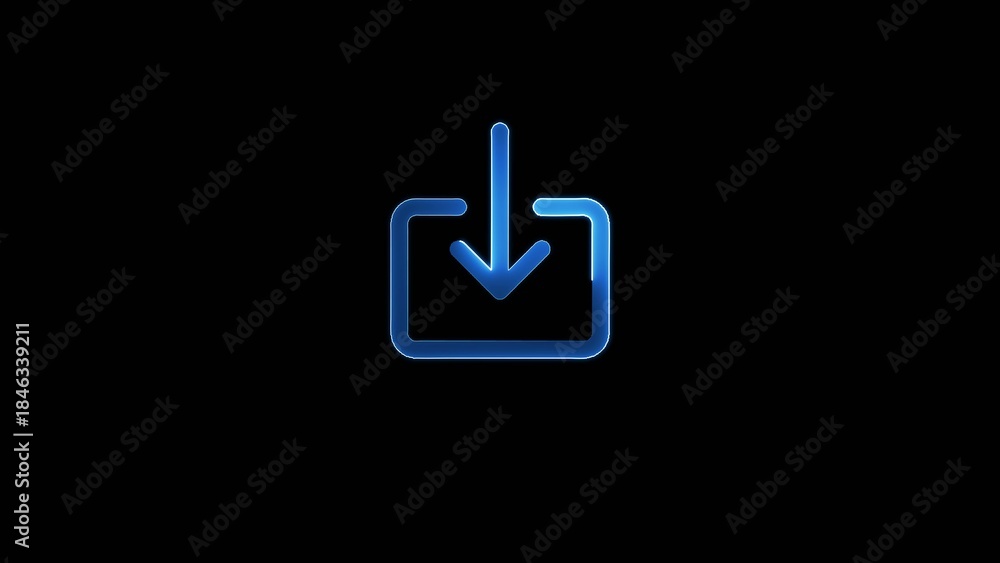 Fototapeta premium Blue neon outline of a box with a downward arrow on a Generate title without using the word 