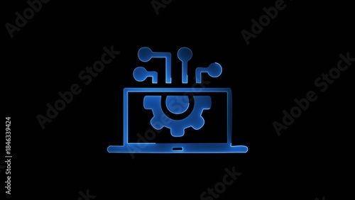 Blue neon outline of a laptop displaying a gear with network nodes and connecting lines Generate title without using the word 