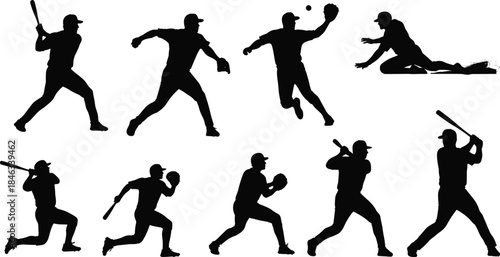 Baseball player silhouette set showing batting pitching catching sliding actions isolated on white background vector illustration for sports design collection
