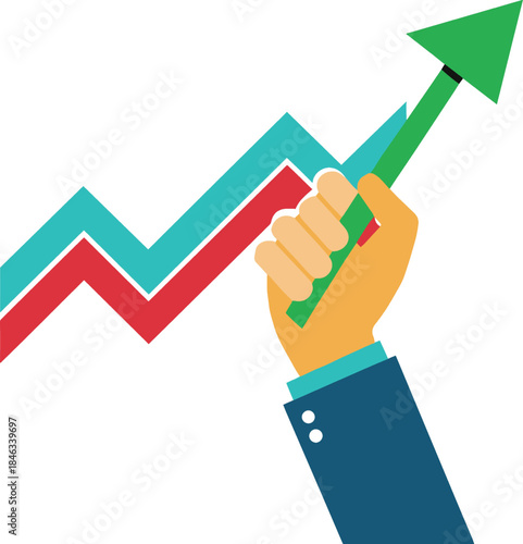 Hand holding green arrow up graph on white background isolated