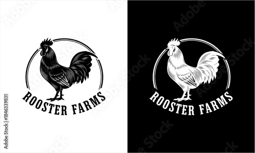Rooster Farms logo featuring a majestic rooster in a classic farm emblem.