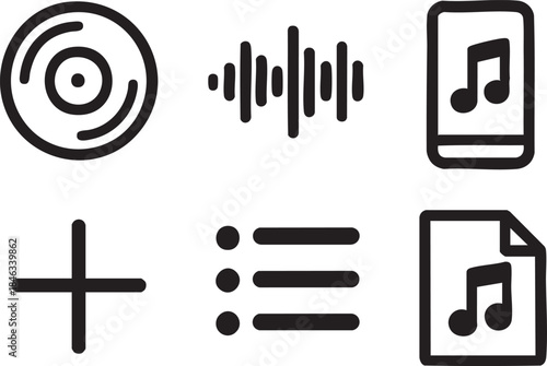 Music Icons Set black flat icons for music app interface on white background