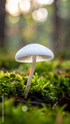 Wallpaper Mural Close-up of a lone, white mushroom amidst vibrant green moss and bokeh Torontodigital.ca