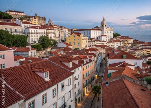 Scenic European Cityscape with Historic Buildings and Red Terracotta Rooftops at Golden Hour