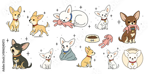 チワワの日常ポーズ集（ラインアートのミニマルデザイン）、Chihuahua Daily Pose Collection in Minimal Line Art