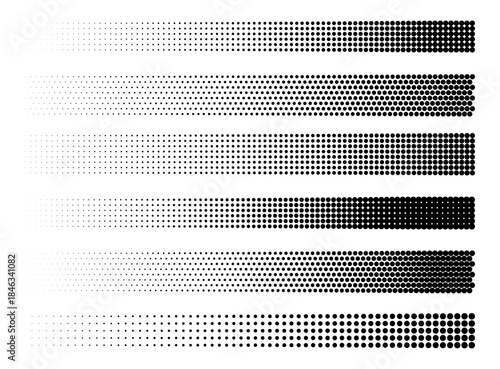 Halftone dotted gradient textured lines set. Vector abstract grunge brushes, dividers, design elements