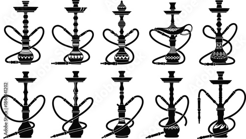 Hookah silhouette icon set featuring traditional shisha pipes, smoking accessories, oriental design elements for lounge branding and vector illustration