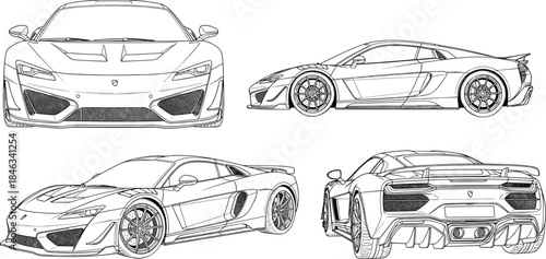 High-Performance Luxury Sports Car Outline Vector Illustration, Automotive Design Blueprint with Front, Side, and Rear View Technical Drawing Template.