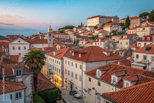Scenic European Cityscape with Historic Buildings and Red Terracotta Rooftops at Golden Hour