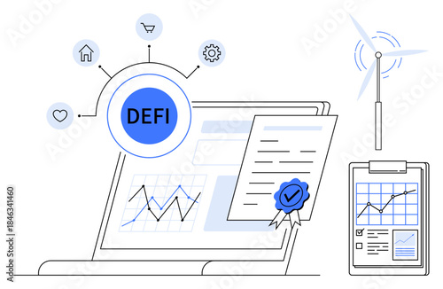 Decentralized finance, financial technology, sustainability, renewable energy, analytics, blockchain. Laptop showing graphs, DEFI bubble certificate and wind turbine graphic. DEFI and fintech