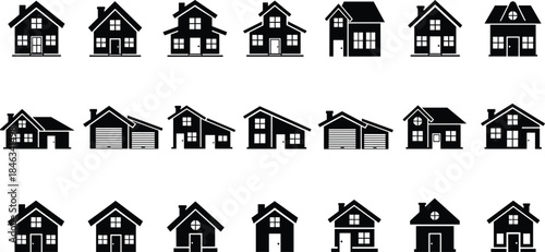 Large Collection of Detailed Residential House Silhouettes, Modern and Traditional Family Home Architecture, Real Estate, Cottage, Duplex, and Townhouse Icons.