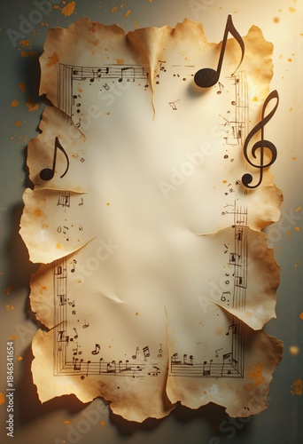 Classic musical background design with aged parchment and golden light