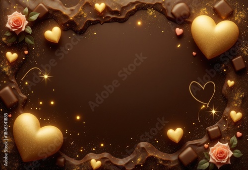 Valentine love background featuring chocolate sweets and golden hearts