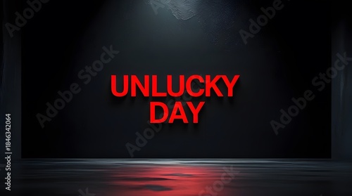 Unlucky Day Bold Red 3D Text on Dark Background with Ominous Mood, Concept of Bad Luck, Crisis, or Failure