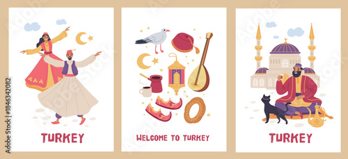 Turkey country travel. Traditional elements, people in national costumes, religious architecture monuments and food, welcome to istanbul, card or posters design, garish vector cartoon set