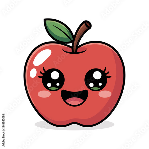 A bright and happy cartoon apple features large expressive eyes and a wide smile.