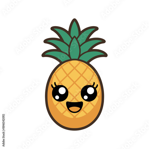 A cheerful, cartoon-style pineapple character smiles with large eyes.