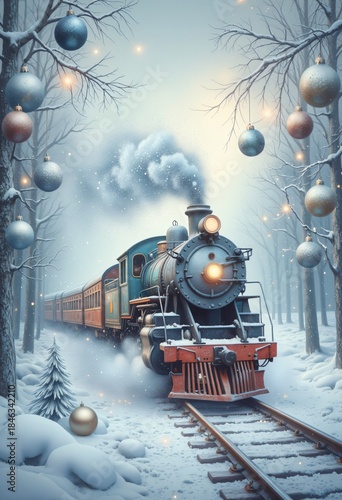 Christmas train journey through snowy forest landscape