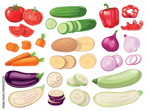 Sliced vegetables. Whole and cut tomato, cucumber and potato, pepper and eggplant, farm natural products, organic food, salad ingredients cartoon flat style isolated classy vector set