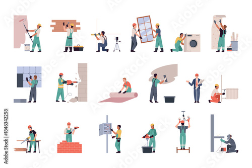 Professional construction repair man. Home renovation, people in uniform and helmets, workers in overalls, being laid, repaired and installed, build and paint tidy vector cartoon flat set
