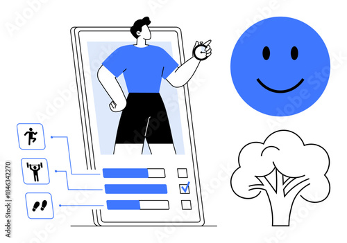 Fitness tracking concept. Fitness monitoring elements thumbs up a mobile app, health progress, and daily activity paired with positivity and nature. For health apps, well-being tools, lifestyle