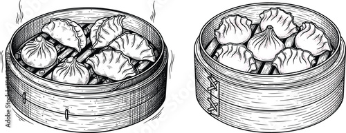 Chinese Dumplings Etching Engraving Style Vector Icon Set Isolated Traditional Steamed Street Food Illustration
