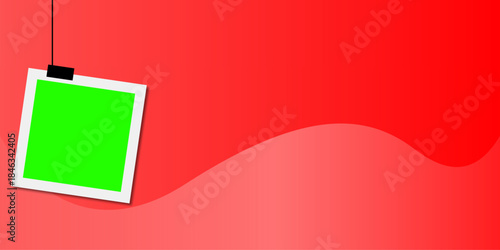 Single Hanging Square Photo Frame Mockup with Bright Green Screen on Abstract Red Gradient Background for Promotion and Media