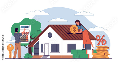 Mortgage credit service. Calculating amount of interest on home loan, real estate purchase, large people, tiny house, payment schedule cartoon flat style isolated nowaday vector concept