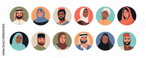 Middle eastern people avatars. Man and woman portraits, traditional muslim headdresses, arabian male, female characters in hijab, cartoon flat style isolated in circles tidy vector set
