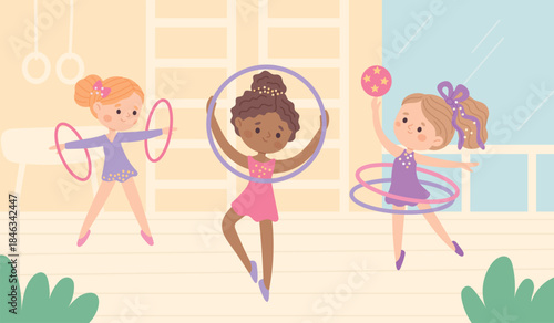 Little gymnasts girls train. Kids rhythmic gymnasts workout, cute young athletes with hoops and ball, childish sport, competition performance cartoon flat isolated garish vector concept