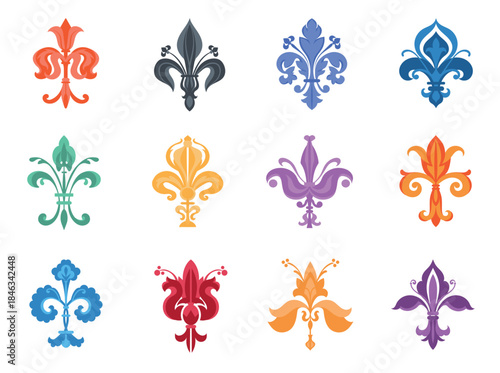 Heraldic lily. Medieval decorations, fleur de lis, antique french emblem, flower colorful ornament, middle age royal symbol, power, honor symbol, logo and badge graphic, splendid vector set