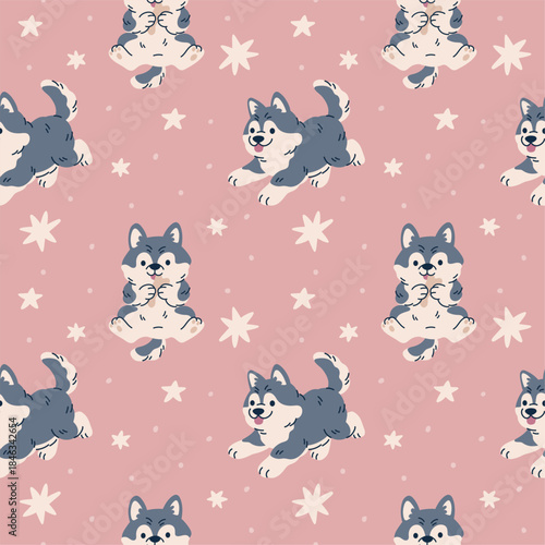 Cute dog seamless pattern. Repeated playful fluffy puppies, little huskies, northern pet breed, long hair animals, kids textile, wrapping paper, wallpaper. Print or garish vector background