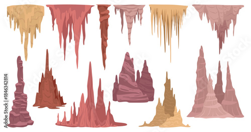 Cartoon limestones. Cave stalactite and stalagmites formations, underground mineral deposits, volcanic cavern rocks, stone mountain inside, geology elements, qualitative vector isolated set