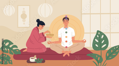 Balancing chakras process. Ancient alternative medicine, meditation to sound of singing bowl, yoga practice, man in lotus position, mental health therapy, garish vector cartoon flat concept